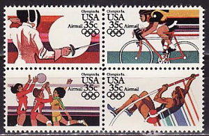США, 1983, Летняя Олимпиада 1984 (IV) Фехтование, 4 марки квартблок